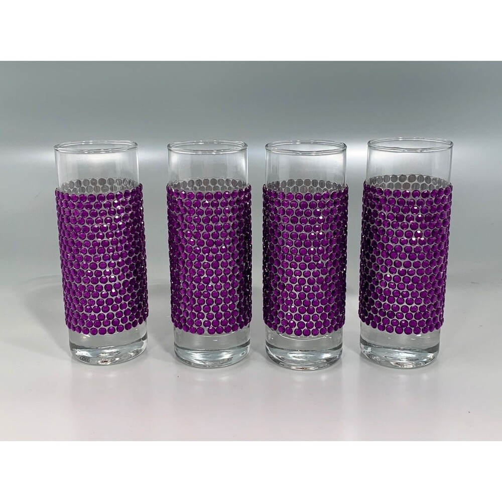 4 Glass‎ Shooter Tumblers Clear with Purple Rhinestone Bling